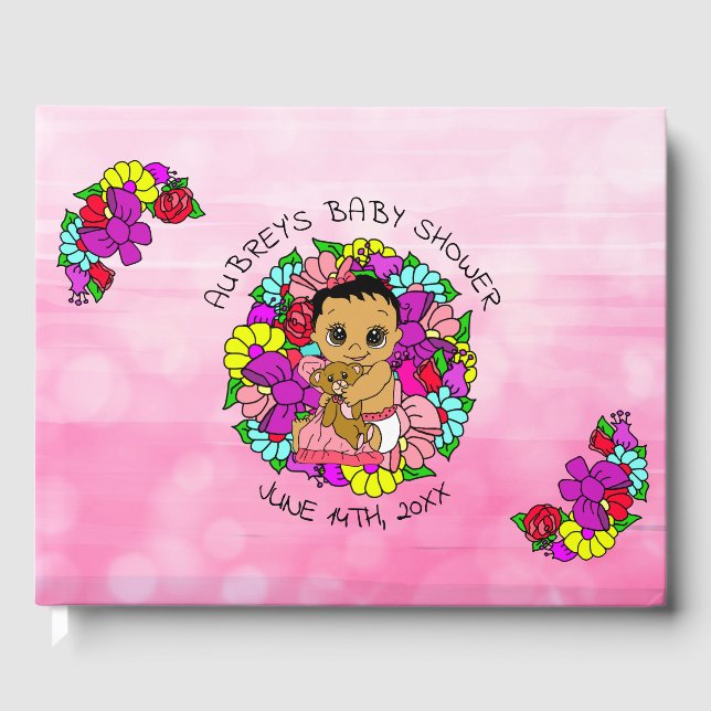 Pink Girl's Baby Shower Ethnic Baby Floral Guest Book (Front)