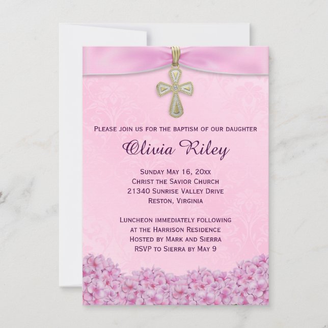 Pink Girls Baptism Christening Invitation (Front)