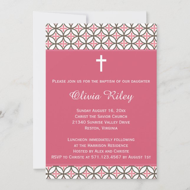 Pink Girls Baptism Christening Invitation (Front)