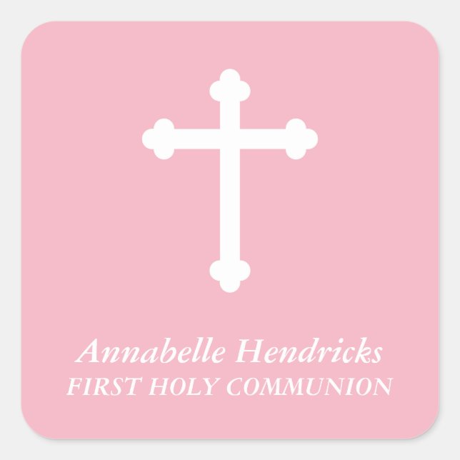 Pink Girls Baptism/Communion Favour Square Sticker (Front)