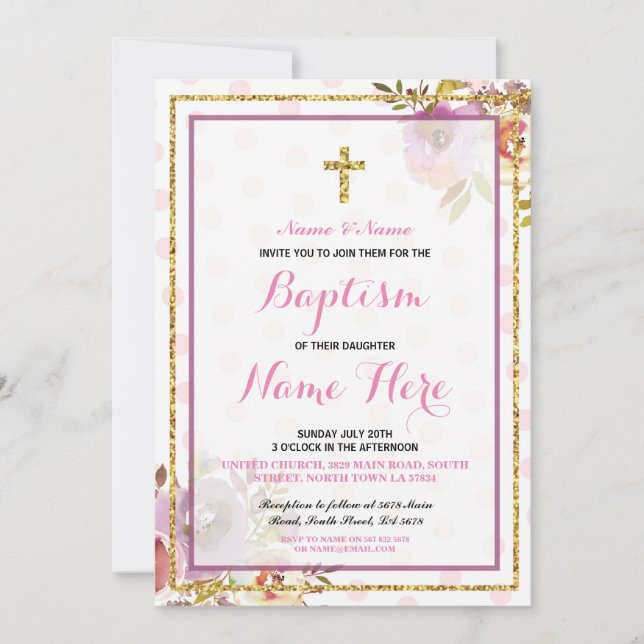 Pink Girl's Baptism Floral Glitter Invitation (Front)