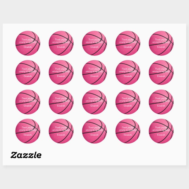 pink girls basketball birthday team party classic round sticker (Sheet)