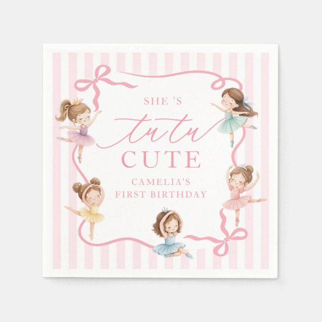 Pink Girls Bow Tutu Ballerina 1st Birthday Napkin (Front)
