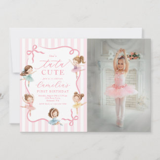 Pink Girls Bow Tutu Ballerina 1st Birthday Photo Invitation