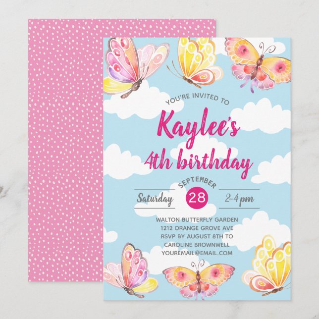 Pink Girls Butterfly Birthday Party Invitation (Front/Back)
