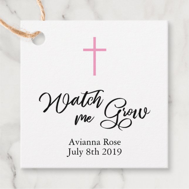 Pink Girls Christening Baptism Plant Favour Tag (Front)