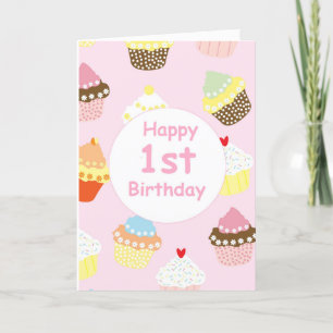Pink Girls Cupcake 1st Birthday First Bday Card