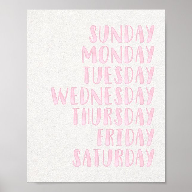 Pink Girls Days of the Week Educational Nursery Poster (Front)