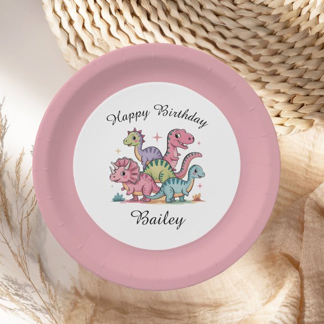 Pink Girls Dinosaur Birthday Paper Plate (Creator Uploaded)