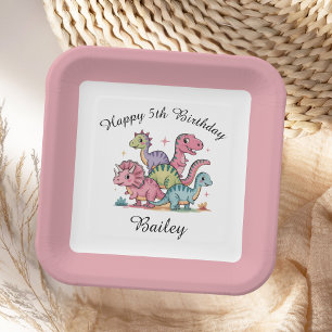 Pink Girls Dinosaur Birthday Paper Plate