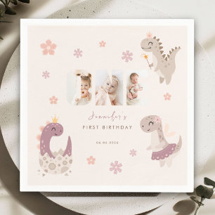 Pink Girls Dinosaur First Birthday Photo Napkin