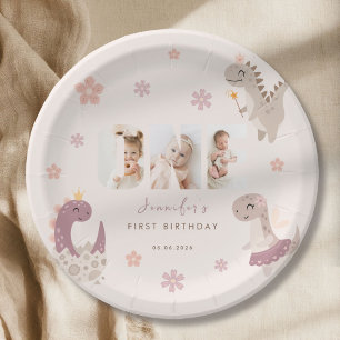 Pink Girls Dinosaur First Birthday Photo Paper Plate