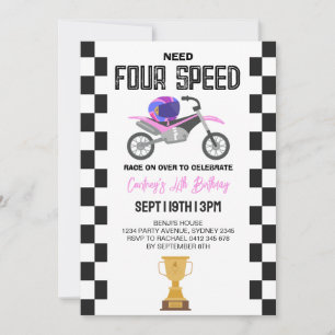 Pink Girls Dirt Bike 4th Birthday Party Invitation