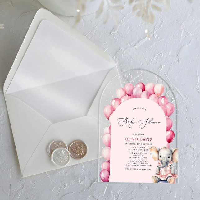 Pink Girl's Elephant & Balloon Baby Shower Acrylic Invitations (Creator Uploaded)