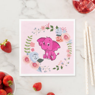 Pink Girl's Elephant Floral Baby Shower Napkin