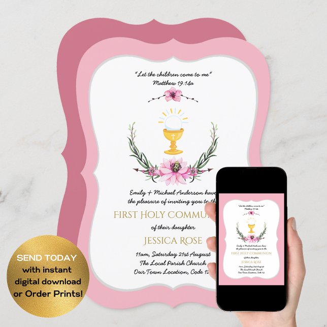 Pink Girls First Holy Communion Invitations Floral (Creator Uploaded)
