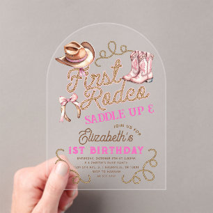Pink Girls First Rodeo 1st Birthday Acrylic Invitations