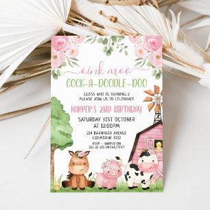 Pink Girls Floral Barn Farm Animals Birthday Invitation