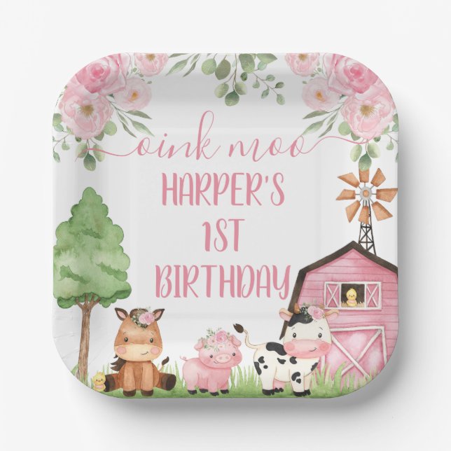 Pink Girls Floral Farm Birthday Party Paper Plate (Front)