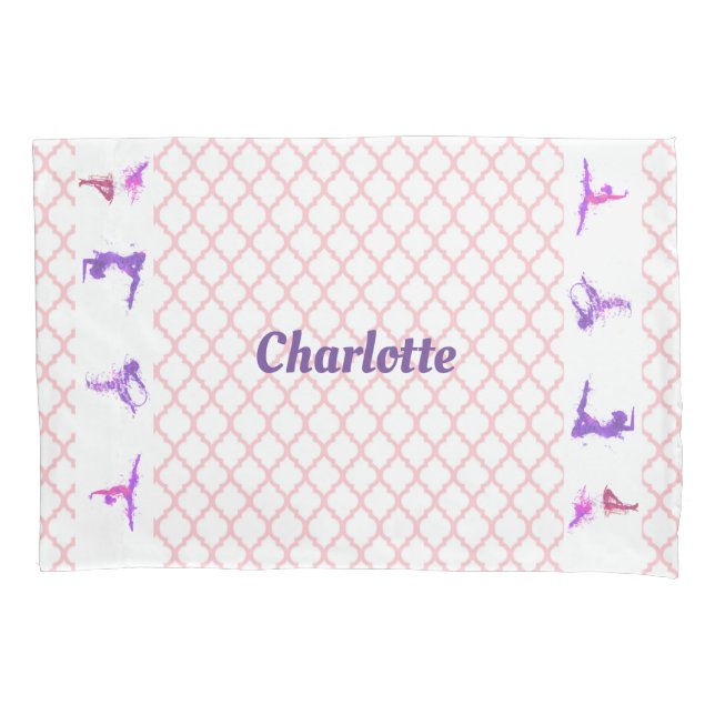 Pink Girls Gymnastics Quatrefoil Monogram Name Pillowcase (Front)