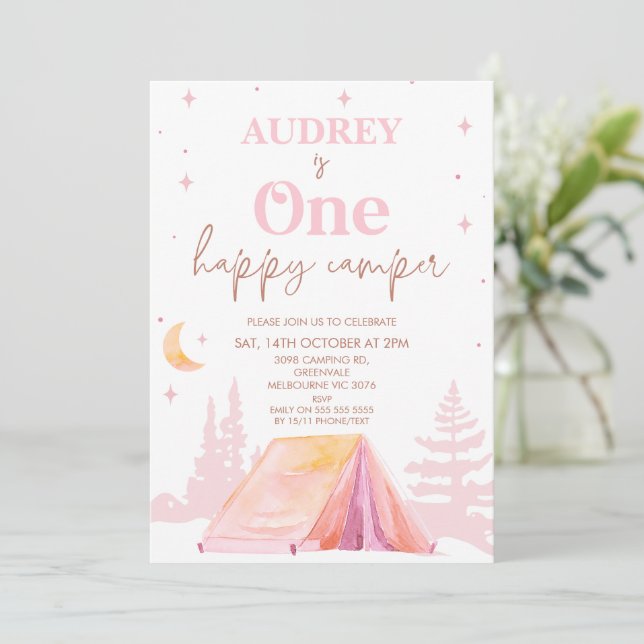 Pink Girls Happy Camper 1st Birthday  Invitation (Standing Front)