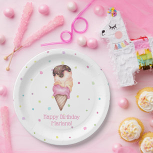 Pink Girls Ice Cream Birthday Party Paper Plate