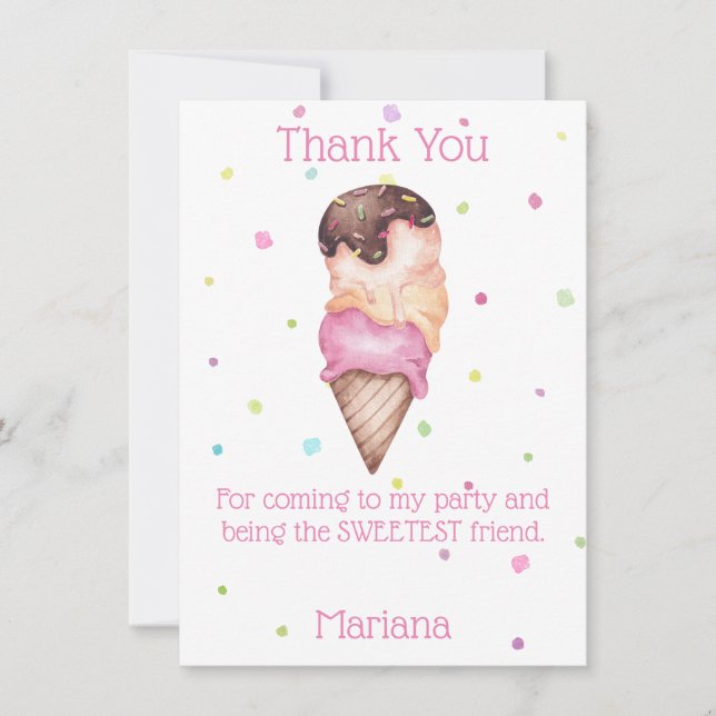 Pink Girls Ice Cream Birthday Party Thank You Card (Front)