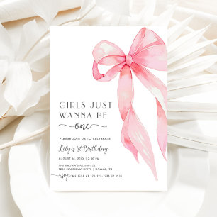 Pink Girls Just Wanna Be One Pink Bow 1st Birthday Invitation