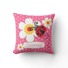 Pink girls ladybug name flower polka dot pillow