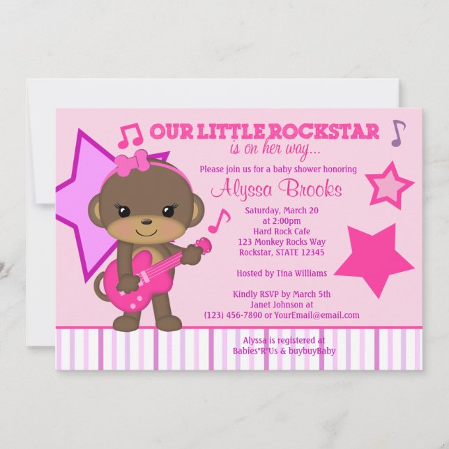 Pink Girls Monkey Rockstar Baby Shower Invitations (Front)