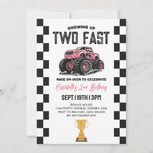 Pink Girls Monster Truck 2nd Birthday Party Invitation