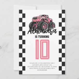 Pink Girls Monster Truck Birthday Party Invitation