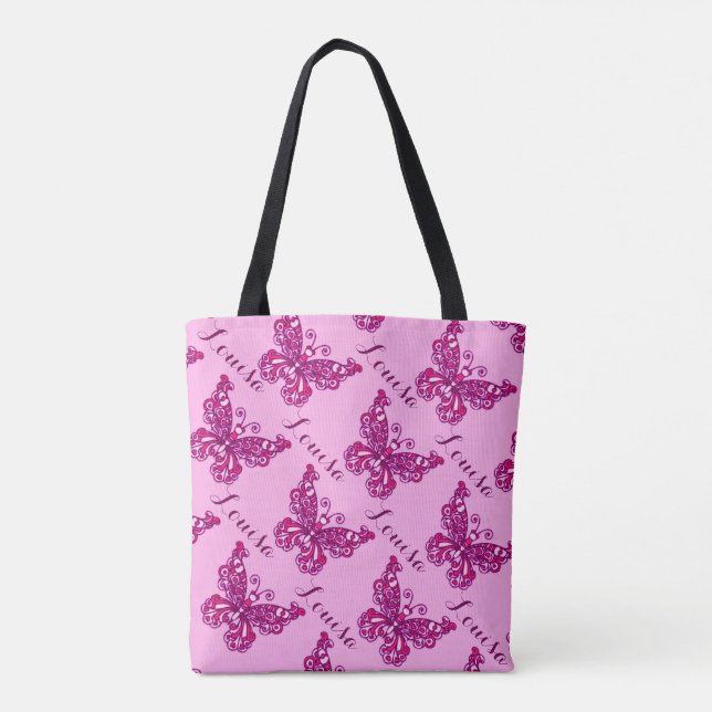 Pink girls name Butterfly pattern personalised bag (Back)