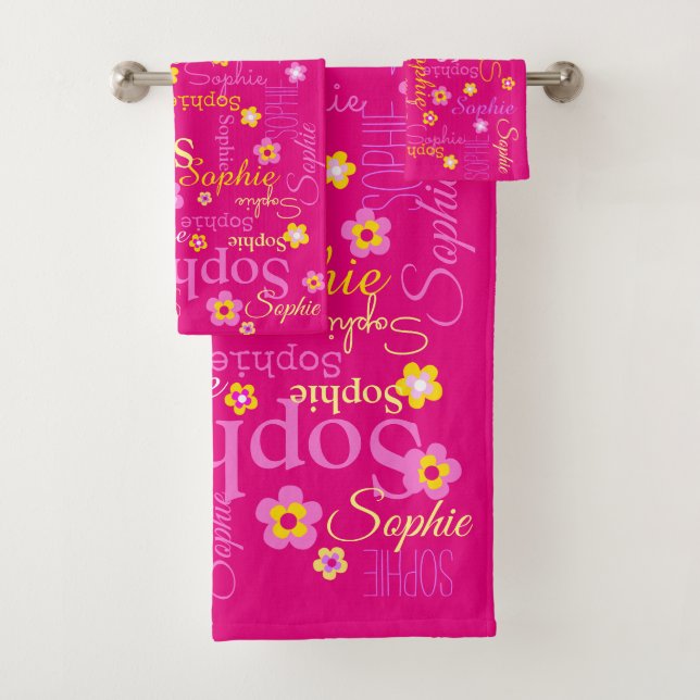 Pink girls name flower graphic Sophie towels (Insitu)