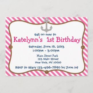 Pink Girl's Nautical Birthday Party Invitation