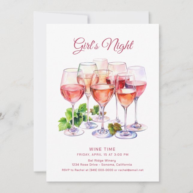 Pink Girls Night Wine  Invitation (Front)