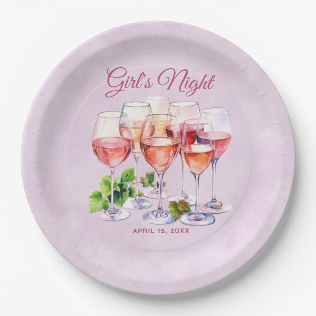 Pink Girls Night Wine  Paper Plate (Front)