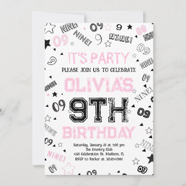 Pink Girls Number Nine Birthday Party Invitation (Front)