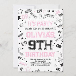Pink Girls Number Nine Birthday Party Invitation