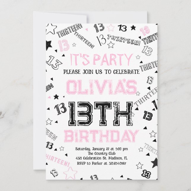 Pink Girls Number Thirteen Birthday Party Invitation (Front)