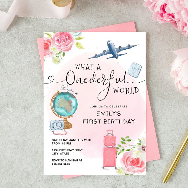 Pink Girls ONEderful World First Birthday Invitation (Creator Uploaded)