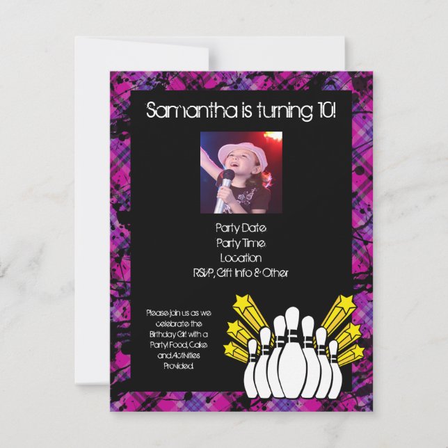 Pink Girls Photo Bowling Party Invitation (Front)