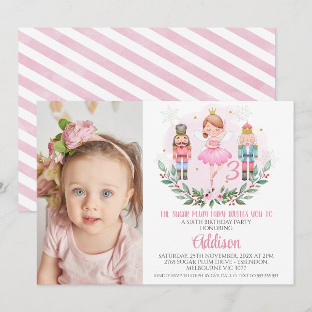 Pink Girls Photo Sugar Plum Fairy Birthday Invitation (Front/Back)