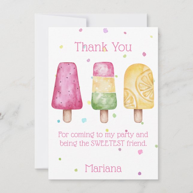 Pink Girls Popsicle Birthday Party Thank You Card (Front)