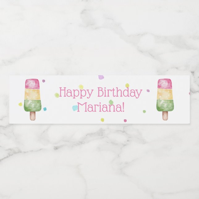 Pink Girls Popsicle Birthday Party Water Bottle Label (Single Label)