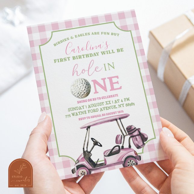 Pink Girl's Preppy Golf Hole in One First Birthday Invitation (Creator Uploaded)