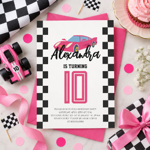 Pink Girls Race Car Birthday Party Invitation