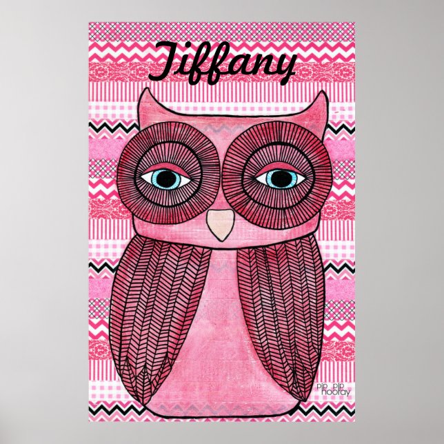 Pink Girls Room Chevron Stripes Owl Art Poster (Front)
