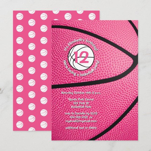 pink girls sports party basketball invitation (Front/Back)