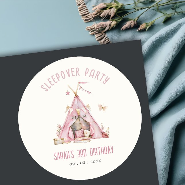 Pink Girls Tent Sleepover Slumber Birthday Party Classic Round Sticker (Creator Uploaded)